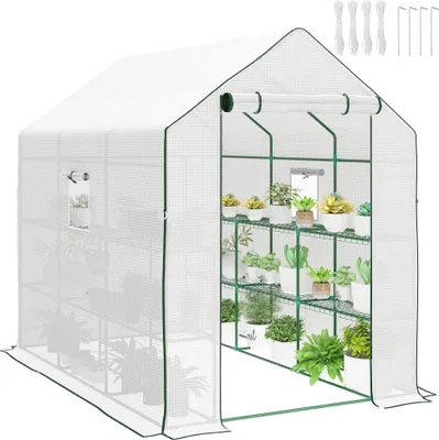 Image de Serre d'extérieur - Serre en plastique - 12 étagères - Porte coulissante - Couverture en PE - Cadre en acier - 140 × 213 × 190 cm - Imperméable - Blanc