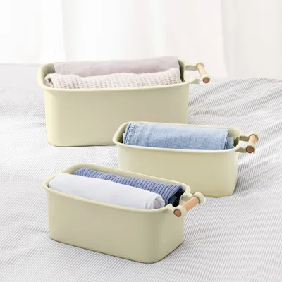 Produktbild von Navaris 4x Aufbewahrungsbox Aufbewahrungskiste mit Holzgriff - Box Organizer zur Aufbewahrung aus Kunststoff - Kiste Behälter für Badezimmer Küche
