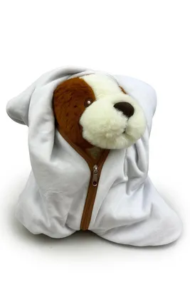 Produktbild von Plüschtier Hund 25 cm Braun Weiß im Schlafsack – Weiches Stofftier, Kuscheltier für Kinder