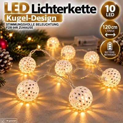 Produktbild von LED Lichterkette 10 LED Weihnachten Kugel Weiß Tischdeko Innen Weihnachtsdeko