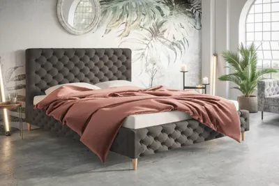 Obrázek produktu pro Čalouněná postel 160x200 cm Felix - design Glamour Chesterfield, manželská postel s roštem a čelem, sametová látka (tmavě šedá - Amor Velvet 4321)