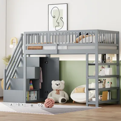 A child's bedroom with a loft bed, wardrobe, and toys.