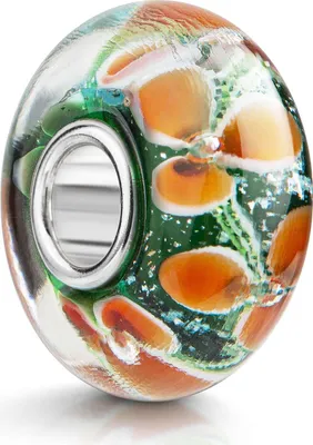 Produktbild von MATERIA by Matthias Wagner Glas Bead grün mit orangenen Blumen und Silber Hülse 1245