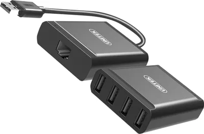 A black USB hub with multiple ports and a USB connector.