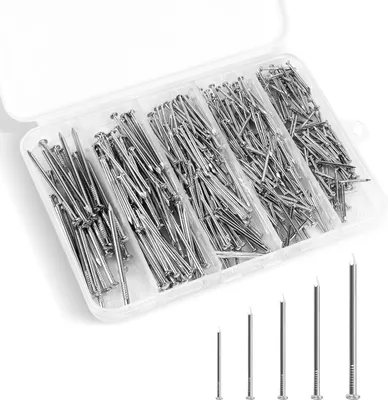 Produktbild von Stahlnägel Sortiment (250 Stück), verzinkte Betonnägel zum Aufhängen von Bildern und für die Holzbearbeitung, Bildernägel Anzug für Trockenbau und Kiefer, 5 Größen Stahl-Bildernägel Set