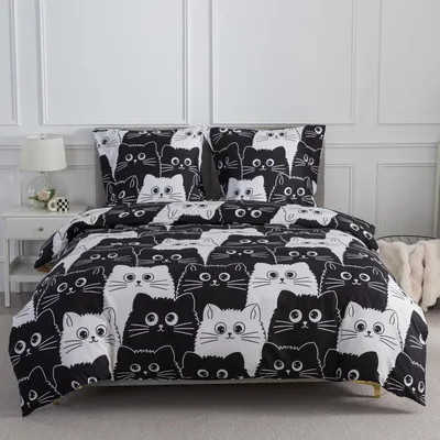 Immagine prodotto di Set di lenzuola matrimoniali 240x220 cm, composto da 3 pezzi: 1 copripiumino 240x220 cm, 2 federe 80x80 cm, con motivo di gatti, chiusura a zip, in microfibra di poliestere, colore nero e bianco