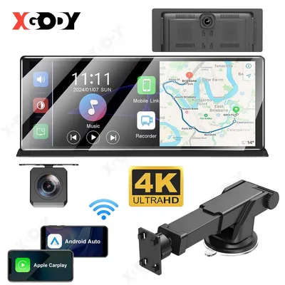 Obrázok produktu pre Zrkadlový monitor pre palubnú kameru s dotykovým displejom, rozlíšením 4K/1080P, s dvojitou kamerou, podporou Apple CarPlay a Android Auto, 2 DIN autorádio, s nočným režimom, parkovacím režimom, ovládaním hlasom, univerzálne