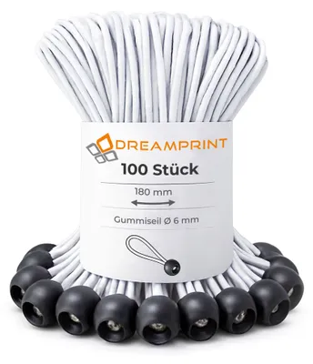 Produktbild von Dreamprint 100 Stück Spanngummi mit Kugel 180mm Ø 6mm schwarz-weiß Expander-Schlingen Gummi Seile Planenspanner Gummischlaufen