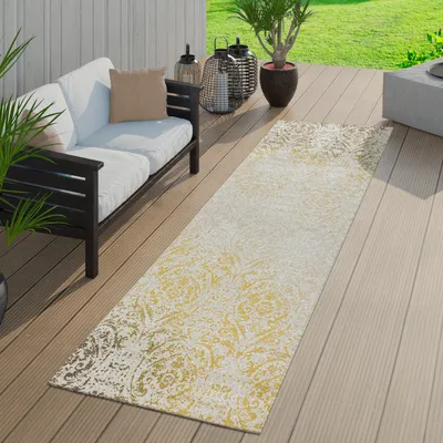 Produktbild von TT Home Moderner Outdoor Teppich Wetterfest Innen & Außenbereich Barock Design In Gelb Größe 80x150 cm