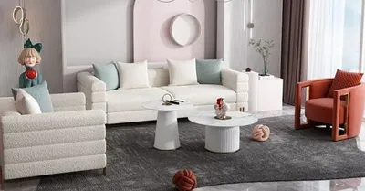 Image de Salon Ensemble 2 pièces blanc textile Canapé 3 places luxe Fauteuil