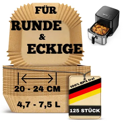Produktbild von Backpapier für Heißluftfritteusen, 20 x 20 cm, 125 Stück. Für runde und quadratische Körbe mit 20–24 cm Durchmesser (4–7 l). BPA-frei, ungebleicht, fettfrei, antihaftbeschichtet bis 230 °C. Geeignet für Cosori, Tefal, Ninja und Philips.