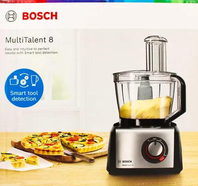 Produktbild von Bosch Kompakt-Küchenmaschine MultiTalent 8 MC812M865, 45 Funktionen, XXL-Rührschüssel 3,9 L, Mixer 1,5 L, Universalmesser, Würfelschneider, Reibscheibe, Schneid-Raspel-Wendescheibe, 1250 W, schwarz