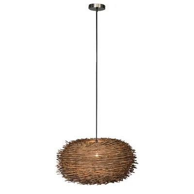 A hanging lamp with a spherical shade made of twigs.
