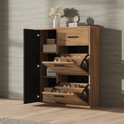 Image de OKWISH Meuble à Chaussures - Moderne avec 2 Abattants et Tiroir, Étagères Réglables et Poignées Noires, 80x24x95,5 cm - Noir et Bois Naturel