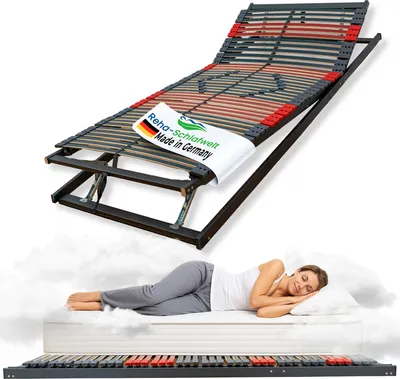 A bed frame and a woman sleeping on a mattress.
