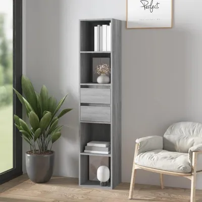 Obrázek produktu pro Police knihovna se 4 policemi a 2 zásuvkami, rozměry 36x30x171 cm, materiál: dřevotříska, barva: šedá Sonoma