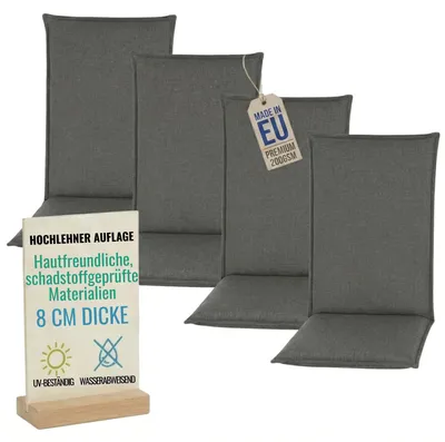 Produktbild von Pillows24 - 4x Hochlehner Auflagen 120x50x8 cm | Bequeme & Wetterfeste Gartenstuhlauflagen | Polster Sitzkissen für Gartenmöbel |  EU | Graphit