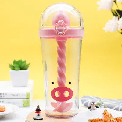 Image de Gourde en plastique créative avec paille, motif animal mignon, tasse à boire portable de grande capacité, pour étudiants, adultes et enfants, rose, 500 ml