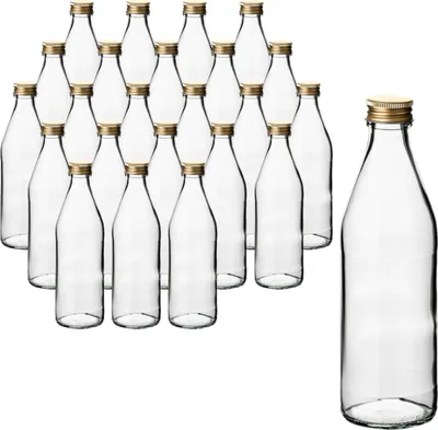 Produktbild von gouveo 24er Set Glasflaschen 330 ml Retro mit Schraubverschluss goldfarben - Runde Flasche 0,33 l mit Deckel für Limonade, Saft, Selbstgemachtes