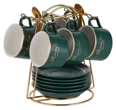 6-teiliges Kaffee-Tassen-Set, 150 ml, mattblau, mit Goldrand