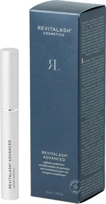 A product shot of a RevitaLash Advanced Eyelash Conditioner tube and its packaging box.