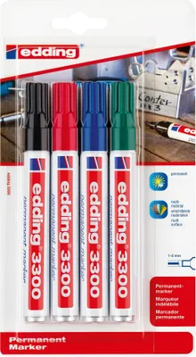 Produktbild von edding 3300 Permanent Marker 4er schwarz, rot, grün, blau 1-5mm (1er Pack)