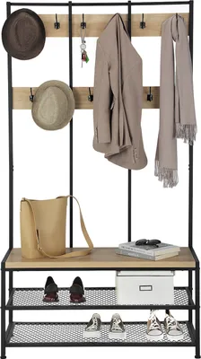 Produktbild von Garderobenständer mit 9 Gaderobenhaken und Schuhregal mit Sitzfläche, Flurgarderoben Set aus Vintage Holz und Metal im Industrial Design, Kleiderständer Maße B 100 x H 186 x T 40 cm