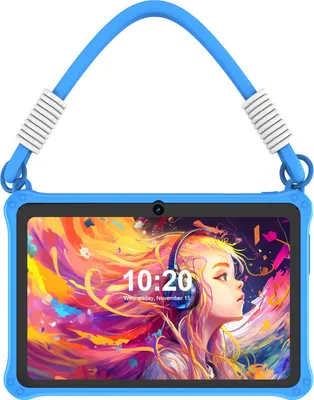 A blue tablet with a colorful screen and a blue lanyard is shown against a white background.