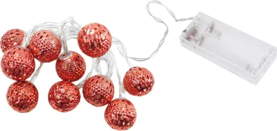 A string of red decorative LED lights with a battery pack.