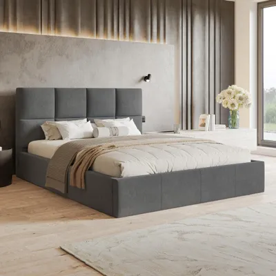 Produktbild von MOTIVENA Star Polsterbett 160x200 mit Bettkasten, Holz Latttenrost, Bett 160x200 Grau Samt (Jasmine 96)