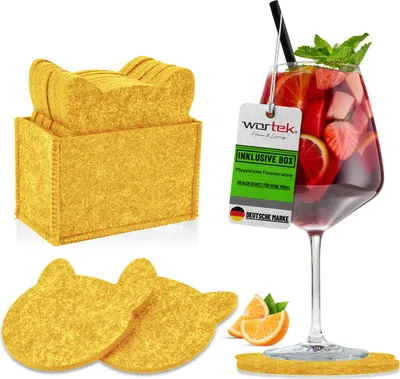 Produktbild von wortek Filz Untersetzer - Deko Tischset + Aufbewahrungsbox I für Gläser & Tisch, 10er Set I 10cm I Katze, Gelb