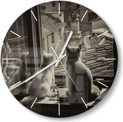 Produktbild von DEQORI Glasuhr Ø30 cm Modern 'Katzen auf Fensterbrett' Wanduhr Glas Uhr Design leise