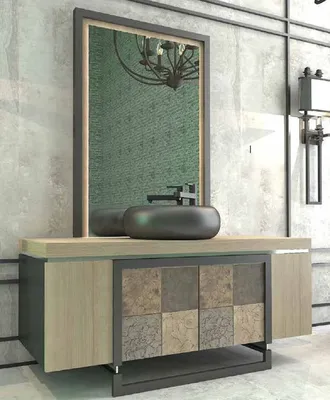 Produktbild von Casa Padrino Luxus Badezimmer Set Naturfarben / Mehrfarbig / Schwarz - 1 Waschtisch mit 4 Türen und 1 Waschbecken und 1 Wandspiegel - Luxus Qualität