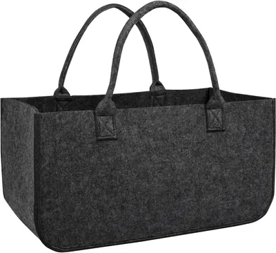 Image de ROSEJANE, lot de 4 sacs en feutre pour bois de cheminée, paniers pour bois de cheminée avec poignées de transport, sacs en feutre pliables pour bois de cheminée, journaux et courses, 50 x 25 x 25 cm, gris foncé