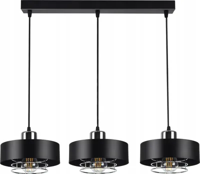 A black, three-light pendant lamp with chrome accents, shown against a white background.