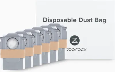 A set of disposable dust bags for a robot vacuum cleaner, displayed in front of their packaging.