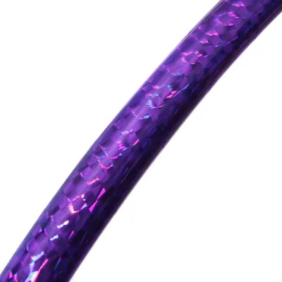 A close-up view of a section of a purple hula hoop with a holographic pattern.