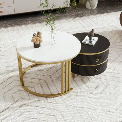 Produktbild von okwish Couchtisch 2-in-1 runder MDF Beistelltisch mit glänzender Platte und 1 weißer Marmorplatte, Wohnzimmer-Couchtischkombination mit 2 Schubladen-Weiß&Schwarz