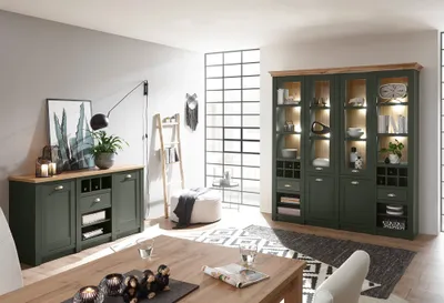 Produktbild von Landhaus Esszimmer Buffet & Anrichten Set CINCINNATI-61 in grün mit Wotaneiche, B/H/T ca. 194/207/45cm
