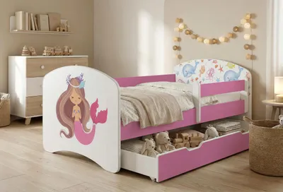 Image de Ensemble de lit pour enfant Happy Babies avec matelas, tiroir et barrière de sécurité, 70 x 140 cm, lits pour filles et lits pour garçons, motif coloré,