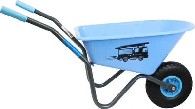 A blue children's wheelbarrow with a fire truck graphic on the side, shown against a white background.