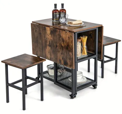 Image de Ensemble de table et chaises pliables en 3 pièces - Table à manger pliante - Table de cuisine - Table pliante - Ensemble de chaises - Avec 2 tabourets