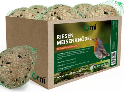 Produktbild von Orni 12 Stück Riesen Meisenknödel 500g im Netz mit Sonnenblumenkernen | Energiereicher Ganzjahresknödel für Wildvögel