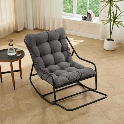 Image de Fauteuil à bascule d'extérieur avec un coussin moelleux et épais, pour le salon, la chambre à coucher et la salle de lecture, structure noire avec coussin gris, 91,5 × 46,5 × 50,5 cm