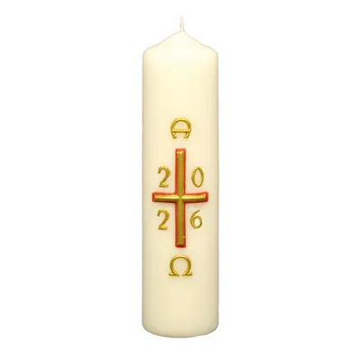 Produktbild von Osterkerze Kreuz rot-gold mit A und O, Jahreszahl 200 x Ø 50 mm