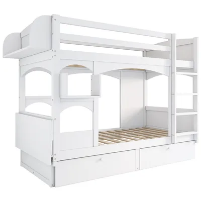 Produktbild von Etagenbett mit 2 Liegeflächen und Lattenrost, 90x200 cm, Kinderbett mit Schreibtisch und Rausfallschutz