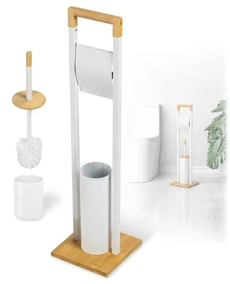 Productafbeelding van Toiletpapierhouder - Vrijstaand model met toiletborstel - 2-in-1 - Bamboe - Wit