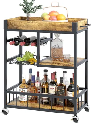 Immagine prodotto di Carrello servitore con portabottiglie per vino, finitura in legno marrone, 2 ripiani, con ruote, ideale per la sala da pranzo