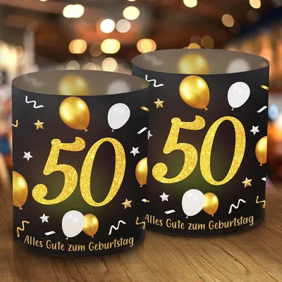 Windlicht-Tischdeko 50. Geburtstag, 12er-Set, Schwarz-Gold, 27 x 10 cm