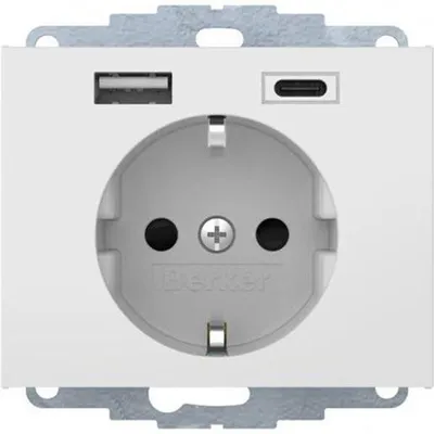 Zdjęcie produktu dla Berker SCHUKO/USB A-C K.x, biały polarny z połyskiem, biały, metal, tworzywo sztuczne, IP20, 250 V, 16 A, 50 Hz
